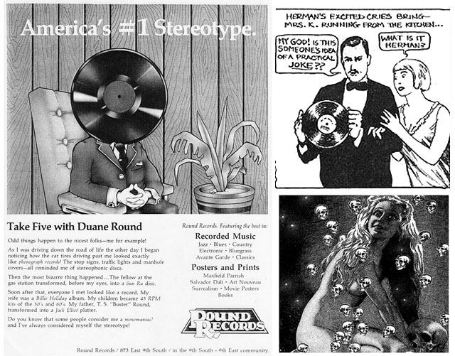 (Clockwise Right to Left) Original art by Larry Farrington; Original art by Neil Passey; Daily Utah Chronicle ad with P.D. image by Virgil Finlay, a favorite artist among Round Records customers.