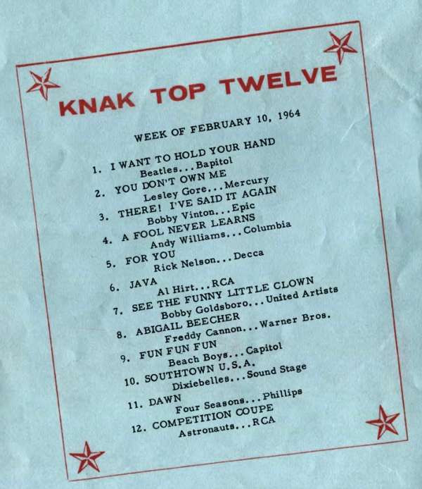 The first week of Beatlemania — KNAK distributed this chart on February 10, 1964, one day after The Beatles first appeared on the Ed Sullivan Show.